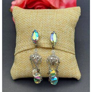 Vintage Lewis Segal AB Crystal Dangle Drop Clip On Earrings Silver Tone Formal
